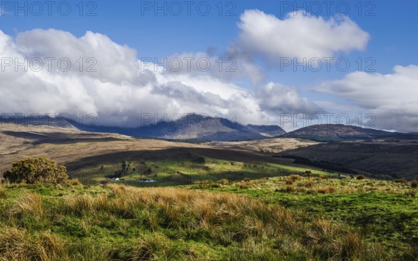 Farms over Loch Harport, Drynoch, Isle of Skye, Scotland, UK