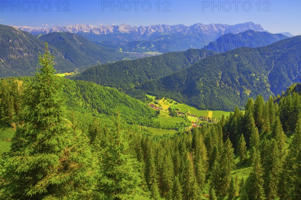 View from the Laber to Ettal and the Wetterstein mountains with the Zugspitze 2962m, Oberammergau, Ammertal, Ammergebirge, Upper Bavaria, Bavaria, Germany