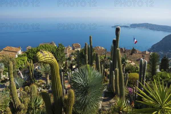 Picturesque mountain village overlooking the sea, Jardin Exotique, Èze, Cote d'Azur, Alpes-Maritimes, Provence-Alpes-Cote-d'Azur, South of France, France