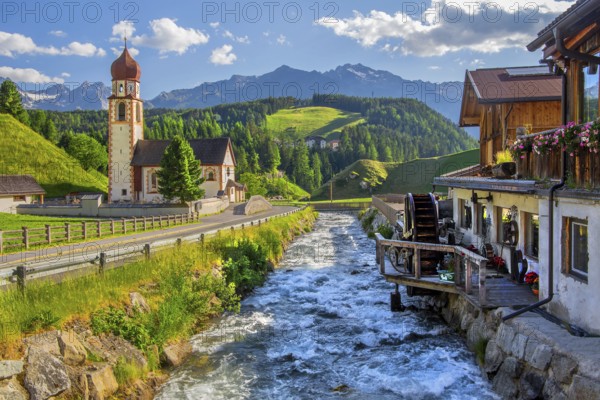 Chaplaincy church and old forge with water wheel on the Horlachbach, Niederthai in the Horlach Valley, side valley of the Ötztal, Stubai Alps, Tyrol, Austria