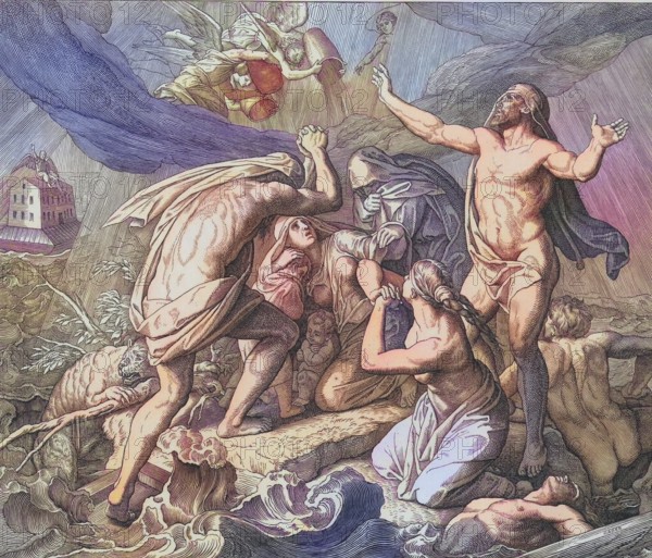 Biblical history, The Flood, digitally enhanced reproduction of a wood engraving by Julius Schnorr von Carolsfeld, historical, around 1860, exact date unknown