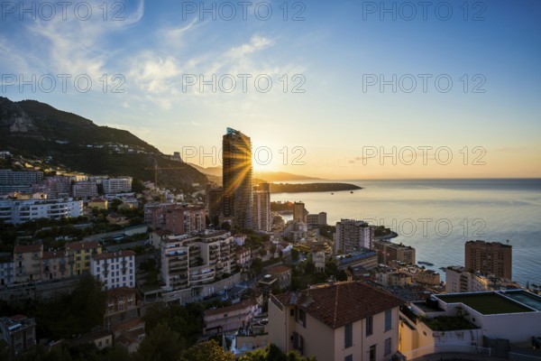 Panorama, Skyline with skyscrapers by the sea, Sunrise, Monte Carlo, Cote d'Azur, Monaco