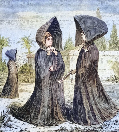Women's traditional costume from the island of Fayal, Azores, coloured wood engraving, reproduction from a model from ca 1888, historical, woman in medieval hooded cloaks talking to each other outdoors