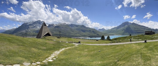 Panoramic view from plateau above Lanslebourg-Mont-Cenis to reservoir Lac du Mont Cenis left Museum Musée du Mont Cenis at pass road to pass Alpine pass mountain pass Col du Mont Cenis Colle del Moncenisio, Mont Cenis massif, Massif du Mont-Cenis, Graian Alps, Lanslebourg, Rhone-Alpes, France