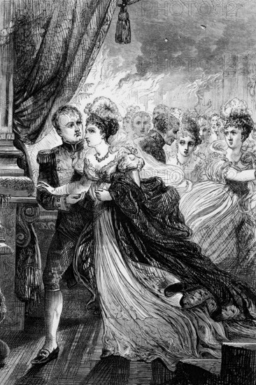 Emperor Bonaparte and Empress Marie Louise fleeing from a fire during a ball organised by the Austrian ambassador in 1810, digital reproduction of a historical model