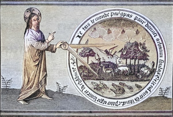 God creates the world with a compass from the 15th century miniature in Brunetto Latini's safe from Science and Literature in the Middle Ages by Paul Lacroix, published in London in 1878, coloured, digital reproduction of a historical model
