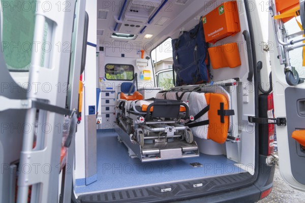Interior view of an equipped ambulance with stretcher and emergency equipment, Sindelfingen, Germany