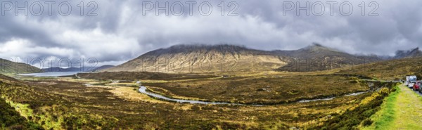 Panorama of Eas a' Bhradain waterfall, Red Cuillin mountains, Loch Ainort, Isle of Skye, Scotland, UK