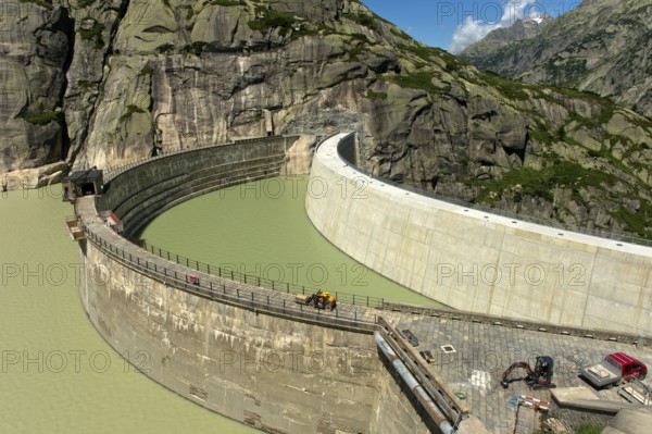 Replacement of Spitallamm dam, old dam on the left, new Spitallamm dam on the right, Grimsel reservoir, Guttannen, Bernese Oberland, Canton, Bern, Switzerland