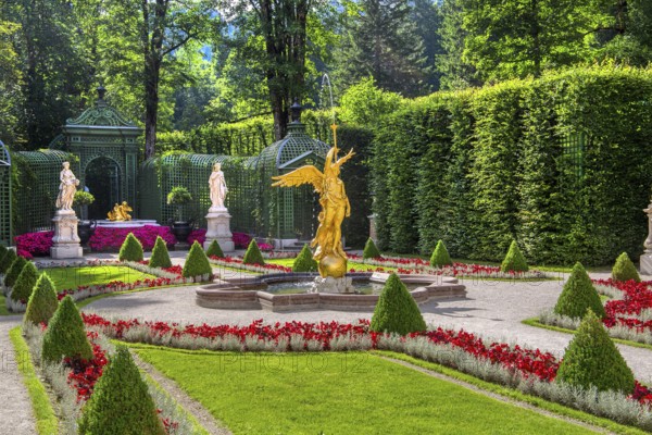 Baroque garden parterre on the west side of Linderhof Palace, Ettal, Ammertal, Upper Bavaria, Bavaria, Germany, UNESCO World Heritage Site