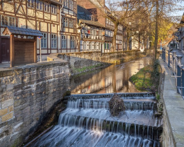 Half-timbered houses by the Abzucht stream in the historic old town, Goslar, Harz, Lower Saxony, Germany