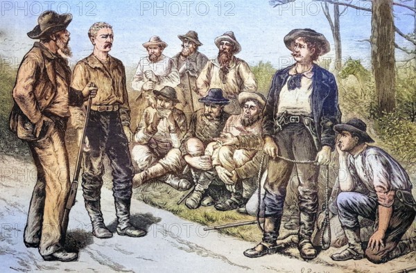 Lynch Court in Texas, USA, coloured wood engraving, reproduction from an original from ca 1888, historical, group of men on a break, in conversation on a rural road