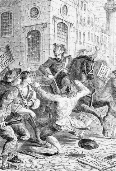 Riots following the arrest of Francis Burdett in 1810 for breach of parliamentary immunity when he was ordered to be imprisoned in the Tower of London until the end of the parliamentary session, England, digital reproduction of a historical original