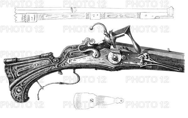 Rifle, wheel and matchlock in combination, c. 1620, from the book The British Army, 1868, Historical, digitally restored reproduction from a 19th century model, Record date not stated