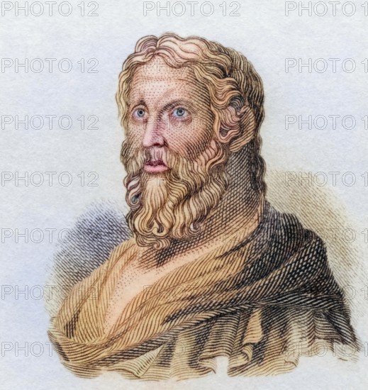Aristophanes, (born between 450 BC and 444 BC in Athens, died around 380 BC) was a Greek comic poet, coloured woodcut from Crabbe's Historical Dictionary from 1825, Historical, digital reproduction