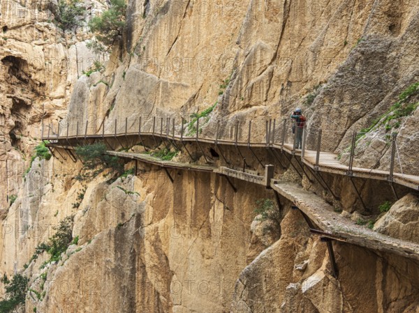 Tourists on the elevated path of the caminito del rey, along a deep gorge, Andalusia, Spain