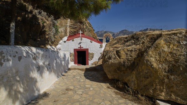 Legend, crab, shell fisherman, chapel with red roof and sea view on a rocky coast, in natural and peaceful surroundings, chapel, small church, Agia Kavouradena Monastery, Xirokambos, Leros, Dodecanese, Greek Islands, Greece