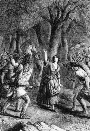 The kidnapping and murder of Jenny Macrea on 27 July 1777 by Indians accompanying General John Burgoyne on his march south from Canada. Her death prompted thousands of Americans in the northern colonies to rise up against British rule and later that year contributed to the great American victory at the Battle of Saratoga, considered the turning point of the American Revolution, digital reproduction of a historical original