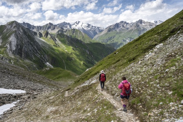 Two mountaineers on a hiking trail, view of mountain peaks of the Venediger group with Rötspitz peak, mountain landscape, Lasörling Höhenweg, Lasörling group, Hohe Tauern National Park, East Tyrol, Tyrol, Austria