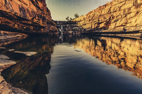 Bell Gorge waterfall, a body of water in north-west Australia in the Kimberley. Sunrise in the outback, Australia