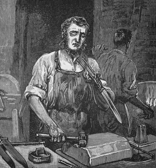A cutler forging knives, Sheffield, Yorkshire, around 1870, England, digital reproduction of a historical model