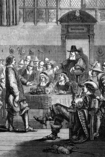 Cromwell proposed the Self-Denying Ordinance, a bill introduced on 9 December 1644 to deprive members of the English Parliament of command of the army or navy during the English Civil War, England, digital reproduction of a historical template