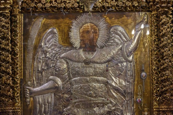Archangel Michael, detailed icon of an angel with a sword, decorated with golden elements and a halo, Holy Week, Bay of Panormitis, Panormitis Monastery, Symi, Dodecanese, Greek Islands, Greece