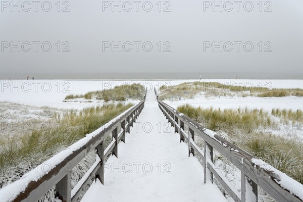 Winter day, onset of winter, wooden plank path leads through the snow-covered dune landscape to the North Sea, Norddeich, Lower Saxony, Germany