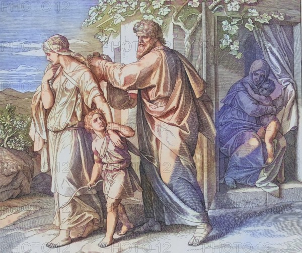 Biblical story, Hagar, an Egyptian slave who is given to Abraham as a woman and becomes the mother of Ishmael and Ishmael are cast out, digitally enhanced reproduction of a wood engraving by Julius Schnorr von Carolsfeld, historical, around 1860, exact date unknown