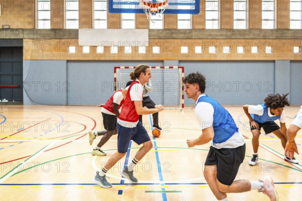 Basketball players running and practicing in a gymnasium, showcasing teamwork and skill during an intense training session