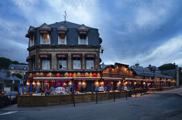 Hotel Restaurant de la tavern des Deux Augustins, blue hour, evening, dusk, Étretat, Normandy, Seine-Maritime, France