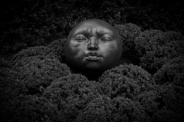 Giant face in the Garden of Emotions, Jardin Émotions, the gardens of Etretat, Les Jardins d'Etretat, black and white, Étretat, Normandy, Seine-Maritime, France