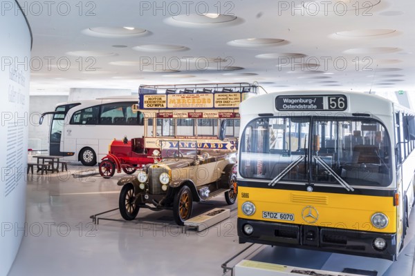 The Mercedes-Benz Museum in Stuttgart presents a journey through the automotive history of the global corporation. The history of the Mercedes star begins with the first automobile in 1886. 160 vehicles are on display, including buses and coaches. Stuttgart, Baden-Württemberg, Germany