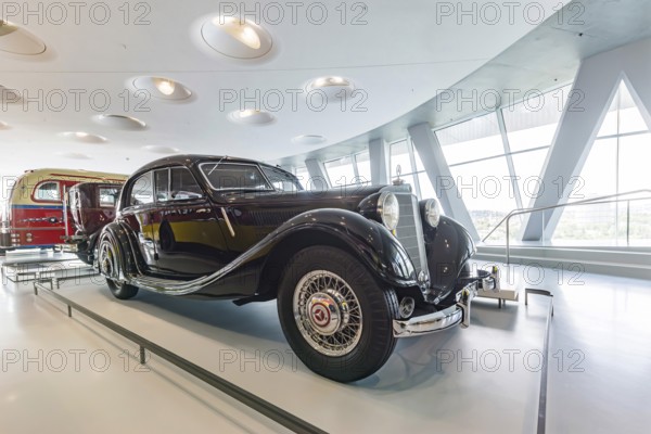 Mercedes-Benz 320 streamlined saloon from 1939. The Mercedes-Benz Museum in Stuttgart presents a journey through the automotive history of the global corporation. The history of the Mercedes star begins with the first automobile in 1886. Stuttgart, Baden-Württemberg, Germany