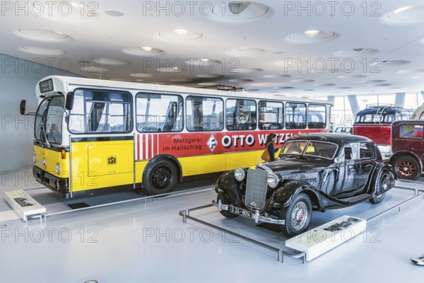 Mercedes-Benz 320 streamlined saloon from 1939. The Mercedes-Benz Museum in Stuttgart presents a journey through the automotive history of the global corporation. The history of the Mercedes star begins with the first automobile in 1886. Stuttgart, Baden-Württemberg, Germany