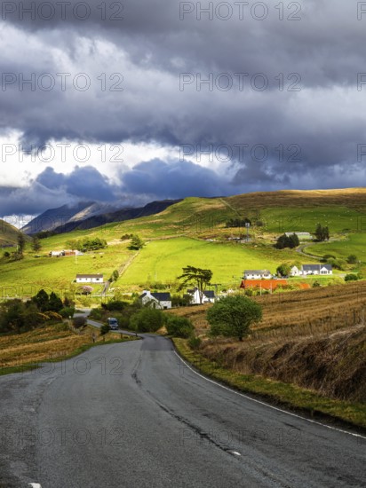 Farms over Loch Harport, Drynoch, Isle of Skye, Scotland, UK