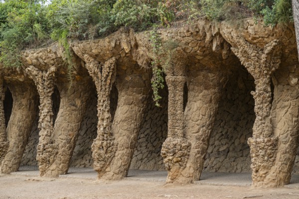 Colonnaded footpath, Park Gueell, Antonio Gaudi architect, Unesco World Heritage Site, Gracia District, Barcelona, Catalonia, Spain