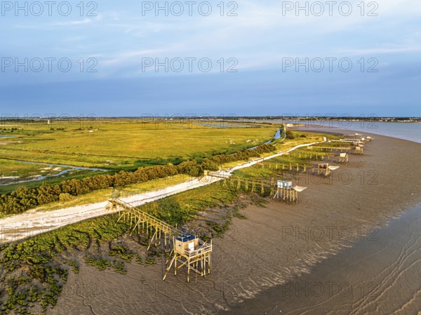 Fishing huts over Marshes and Randonnee entre Histoire et Nature from a drone, Fouras, Fouras-les-Bains, Charente-Maritime, Nouvelle-Aquitaine, France