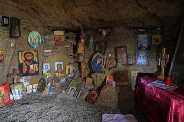 Cave with religious icons and altar table, spiritual atmosphere, chapel, Agios Nikolaos, rock chapel, Oasis Beach, East Coast Rhodes, Rhodes, Dodecanese, Greek Islands, Greece