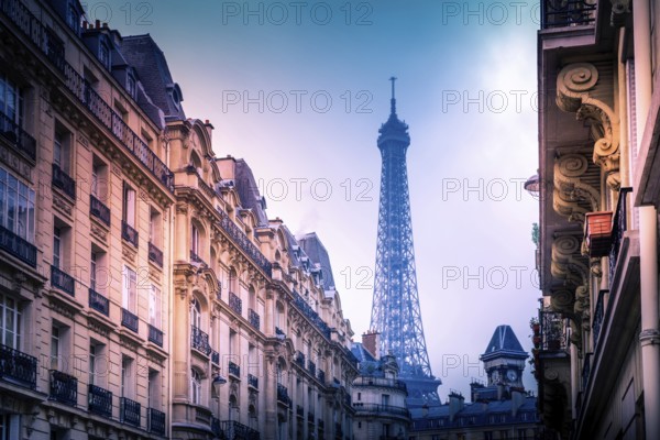 A breathtaking view of the Eiffel Tower peeking above classic Parisian architecture during dusk. Soft lights illuminate the buildings, enhancing the romantic atmosphere of the city. Paris. France