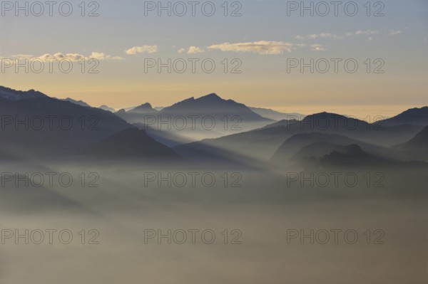 Streak of light in the mountains... Alpine panorama, view over the Kleinwalsertal, romantic view from Oberstdorf towards Kleinwalsertal, Bavaria, Allgäu, Allgäu Alps, Bavarian Alps, Germany