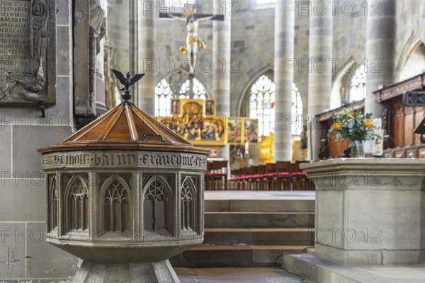 Baptismal font. Protestant parish church of St Michael. As Johannes Brenz's place of work, it was the starting point of the Reformation in the territory of the imperial city after 1523. Schwäbisch Hall, Baden-Württemberg, Germany
