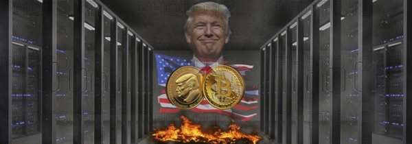 Symbolic image, Trump-Bitcoin, questionable speculative profits for himself, stock market prices, insecure digital currency, resources, energy, industry, economy critical, stock market hype, stock market crash, payment, insolvency, wrong decisions, maximum profit, profit collapse, share prices, Germany as a business location, global economy, globalisation, environmental protection, mafia, Trump government, Bitcoin rally, cryptocurrency, electronic wallet, crypto reserve, price development, stock market trading