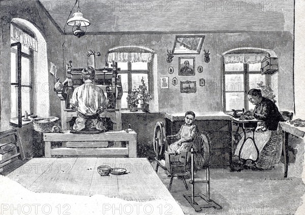 Glove-making workshop, view into a glove-making room, around 1870, digitally enhanced reproduction of a 19th century model, historical, exact date unknown