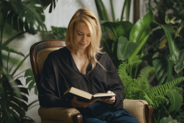 In a serene indoor setting filled with lush green plants, a woman with long blonde hair sits comfortably in an armchair, deeply engaged in reading a book