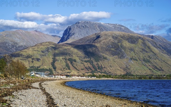 View of Caol Beach and Nevis Range Mountains, Corpach, Fort William, Highland, Scotland, UK