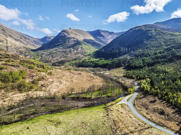 Glen Nevis Valley and River Navis from a drone, Fort William, Lochaber, Highland, Scotland, United Kingdom