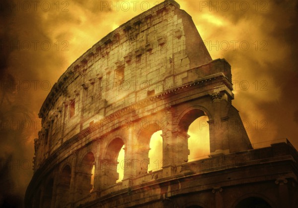 Golden hues light up the Colosseum as it stands majestically against the evening sky. This iconic structure reflects rich history and architectural brilliance of ancient Rome. Italy