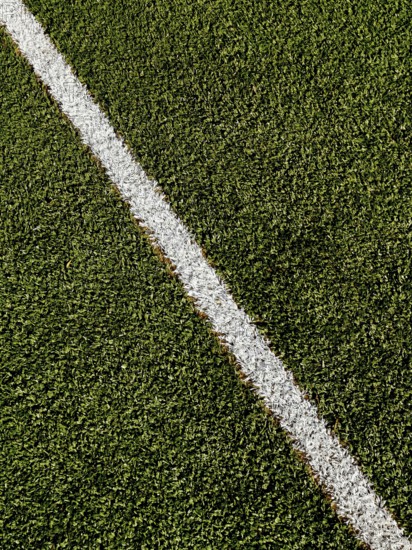 Lush green artificial turf features a freshly painted white line, clearly marking the boundary in preparation for an exciting upcoming sporting event, showcasing vivid colors