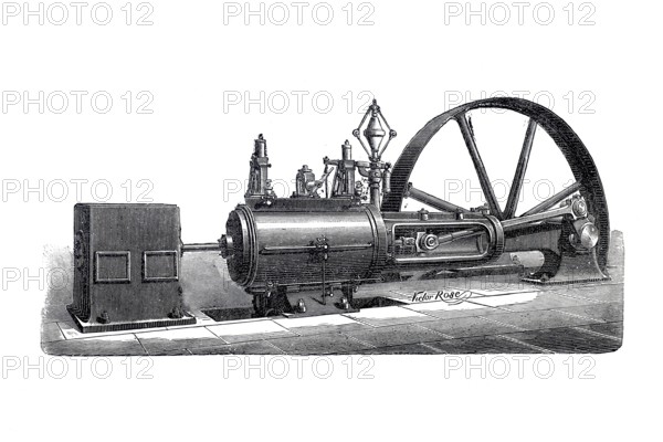 Steam engine, Sulzer machine, Historical, digitally enhanced reproduction of a 19th century original, illustration of an old steam engine with large mechanical parts in black and white